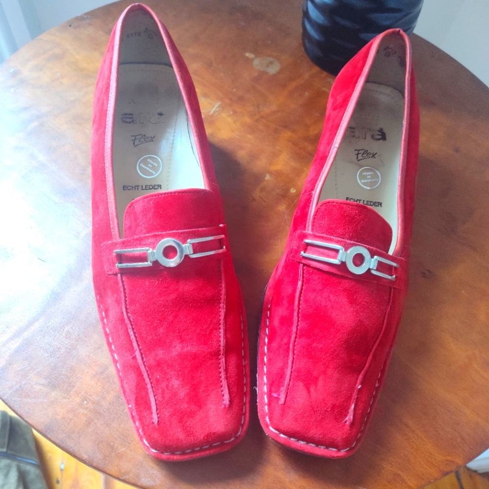 ara Flex red suede horse bit block heel loafer